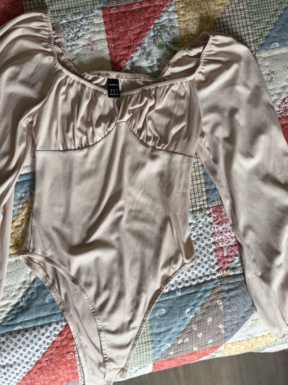 SHEIN Beige Long Sleeve Ribbed Bodysuit